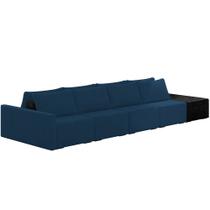 Sofá Ilha Modular Para Sala 392cm com Puff Dublin K01 Veludo Azul Marinho e Sintético Preto - Lyam Decor
