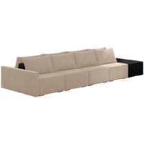 Sofá Ilha Modular Para Sala 392cm com Puff Dublin K01 Veludo Bege e Sintético Preto - Lyam Decor