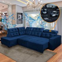 Sofá Impermeável Canto Chaise E 285 x 205 cm Retrátil Reclinável São Paulo Veludo Azul - SóSofa