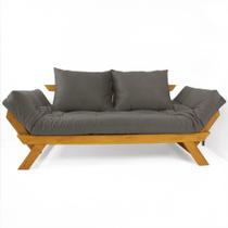Sofá Japão Futon Cinza Em Madeira Maciça Cor Mel