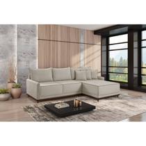 Sofá Linho 3 Lugares 264cm com Chaise Lado Direito Barra Bege Creme/Marrom