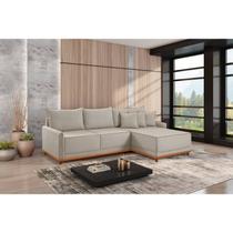 Sofá Linho 3 Lugares 264cm com Chaise Lado Direito Barra Bege Creme/Paçoca