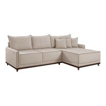 Sofá Linho 3 Lugares 264cm com Chaise Lado Direito e Kit Usb Barra Bege Cru/Marrom