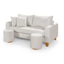 Sofa Living 180cm Com Dois Puff Tecido Boucle Almofadas Soltas Pes em Madeira Cor: Off White Sofa Living 180cm Com Dois Puff Tecido Boucle Almofadas Soltas Pes em Madeira Cor: Off White