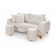 Sofa Living 185cm Com Dois Puff Tecido Boucle Almofadas Soltas Pes em Madeira Cor Off White Sofa Living 185cm Com Dois Puff Tecido Boucle Almofadas Soltas Pes em Madeira Cor Off White