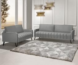 Sofá Living 3 e 2 Lugares Savana - 2,20/1,58mts Com Pé de Ferro Preto - Veludo Cinza