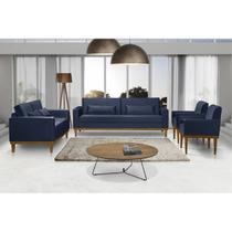 Sofá Living 3 e 2 Lugares Valência - 2,20/1,58mts + 02 Poltronas C/ Base Madeira de Reflorestamento - Veludo Azul