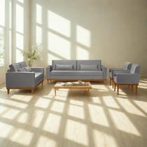 Sofá Living 3 e 2 Lugares Valência - 2,20/1,58mts + 02 Poltronas C/ Base Madeira de Reflorestamento - Veludo Cinza