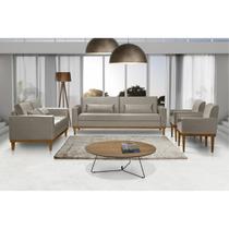 Sofá Living 3 e 2 Lugares Valência - 2,20/1,58mts + 02 Poltronas C/ Base Madeira Retro - Veludo Bege