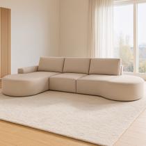 Sofá Living com Puff e Chaise 03 Lugares com Molas Ensacadas no Assento Tecido Bouclé Bege 3,15M