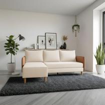 Sofá Living Roma com Chaise 3 Lugares 1,90m Linho Bege com Braço material sintético Caramelo