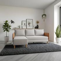 Sofá Living Roma com Chaise 3 Lugares 1,90m Linho Cinza com Braço material sintético Caramelo