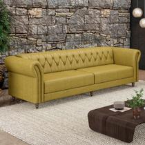 Sofá Living Sala de Estar Stanford Chesterfield 3 Lugares 260cm Pés de Madeira Couro Bege Manchado G58 - Gran Belo