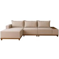 Sofá Living Suiça 6 Lugares com Chaise 288cm Tecido Linho Lufer Cor Bege