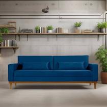 Sofá Living Valência 2,20mt C/base Madeira de Reflorestamento - Espuma D-28 - Veludo Azul