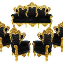 Sofa Luiz XV Capitone Preto Madeira de Lei Folha Ouro Luxo