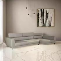 Sofá Moderno 3,40 Chaise, Pés Aço, D-26, Linho Cinza Aurora