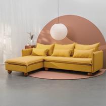 Sofá Modular 3 Lugares com Chaise e Pé Bolinha Sôma CabeCasa MadeiraOriginals Amarelo Mostarda