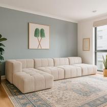 Sofá Modular 4 Lugares 1 Braço Com Chaise Inflow Bouclé Bege Linho Vem Na Caixa Compacto Sala