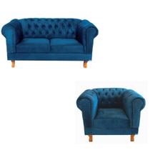 Sofá Namoradeira 2 Lugares Duque Capitonê + 1 Poltrona Duque Suede Azul Marinho Chesterfield Para Sala/Recepção Sofá Namoradeira 2 Lugares Duque Capitonê + 1 Poltrona Duque Suede Azul Marinho Chesterfield Para Sala/Recepção