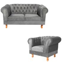 Sofá Namoradeira 2 Lugares Duque Capitonê + 1 Poltrona Duque Suede Cinza Chumbo Chesterfield Para Sala/Recepção