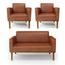 Sofá Namoradeira Com 2 Poltronas Base De Madeira Fixa Castanho Marisa Corano D03 - Drossi Cor Nozes