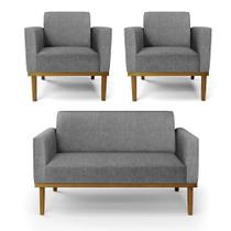 Sofá Namoradeira Com 2 Poltronas Base De Madeira Fixa Castanho Marisa Linho Grafite A26 D03 - Drossi