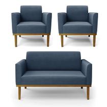 Sofá Namoradeira Com 2 Poltronas Base De Madeira Fixa Castanho Marisa Suede Azul Marinho D03 - Drossi Sofá Namoradeira Com 2 Poltronas Base De Madeira Fixa Castanho Marisa Suede Azul Marinho D03 - Drossi