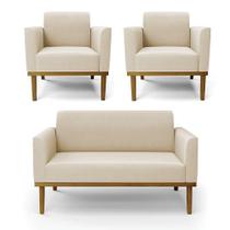Sofá Namoradeira Com 2 Poltronas Base De Madeira Fixa Castanho Marisa Suede Bege D03 - Drossi