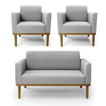 Sofá Namoradeira Com 2 Poltronas Base De Madeira Fixa Castanho Marisa Suede Cinza D03 - Drossi Sofá Namoradeira Com 2 Poltronas Base De Madeira Fixa Castanho Marisa Suede Cinza D03 - Drossi