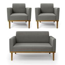 Sofá Namoradeira Com 2 Poltronas Base De Madeira Fixa Castanho Marisa Suede Grafite D03 - Drossi Sofá Namoradeira Com 2 Poltronas Base De Madeira Fixa Castanho Marisa Suede Grafite D03 - Drossi