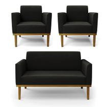 Sofá Namoradeira Com 2 Poltronas Base De Madeira Fixa Castanho Marisa Suede Preto D03 - Drossi Sofá Namoradeira Com 2 Poltronas Base De Madeira Fixa Castanho Marisa Suede Preto D03 - Drossi