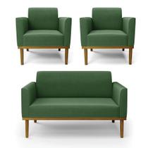 Sofá Namoradeira Com 2 Poltronas Base De Madeira Fixa Castanho Marisa Suede Verde D03 - Drossi Sofá Namoradeira Com 2 Poltronas Base De Madeira Fixa Castanho Marisa Suede Verde D03 - Drossi