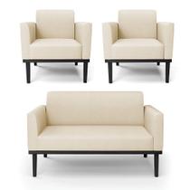 Sofá Namoradeira Com 2 Poltronas Base De Madeira Fixa Preto Marisa Linho Bege A19 D03 - D'Rossi