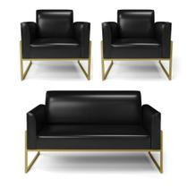 Sofá Namoradeira Com 2 Poltronas Base Industrial Alta Dourado Marisa Corano Preto D03 - D'rossi