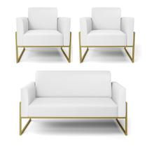 Sofá Namoradeira com 2 Poltronas Base Industrial Alta Dourado Marisa material sintético Branco D03 - D'Rossi - DRossi