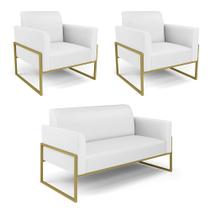 Sofá Namoradeira com 2 Poltronas Base Industrial Alta Dourado Marisa material sintético Branco Sofá Namoradeira com 2 Poltronas Base Industrial Alta Dourado Marisa material sintético Branco