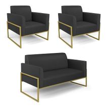 Sofá Namoradeira com 2 Poltronas Base Industrial Alta Dourado Marisa material sintético Preto Sofá Namoradeira com 2 Poltronas Base Industrial Alta Dourado Marisa material sintético Preto