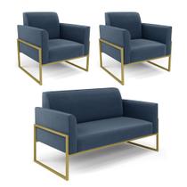 Sofá Namoradeira com 2 Poltronas Base Industrial Alta Dourado Marisa Suede Azul Marinho
