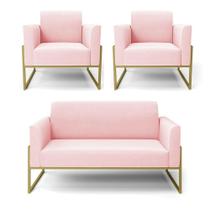 Sofá Namoradeira Com 2 Poltronas Base Industrial Alta Dourado Marisa Suede D03 - D'rossi Cor Rosa Bebê