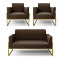 Sofá Namoradeira Com 2 Poltronas Base Industrial Alta Dourado Marisa Suede Marrom D03 - D'rossi