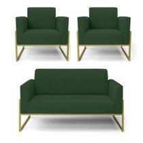 Sofá Namoradeira Com 2 Poltronas Base Industrial Alta Dourado Marisa Veludo Verde D03 - D'rossi