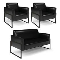 Sofá Namoradeira com 2 Poltronas Base Industrial Alta Preto Marisa Corano Preto