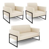 Sofá Namoradeira com 2 Poltronas Base Industrial Alta Preto Marisa Linho Bege A19