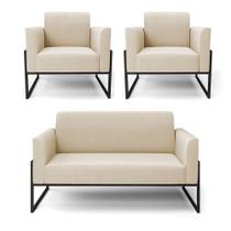 Sofá Namoradeira Com 2 Poltronas Base Industrial Alta Preto Marisa Suede Bege D03 - D'rossi