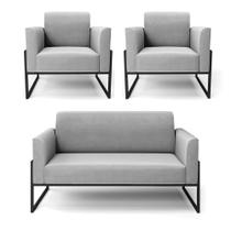 Sofá Namoradeira Com 2 Poltronas Base Industrial Alta Preto Marisa Suede D03 - D'rossi Cor Cinza