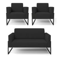Sofá Namoradeira Com 2 Poltronas Base Industrial Alta Preto Marisa Veludo D03 - D'rossi Cor Preto