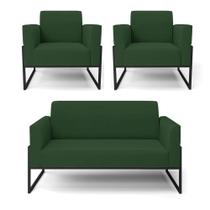 Sofá Namoradeira Com 2 Poltronas Base Industrial Alta Preto Marisa Veludo Verde D03 - D'rossi