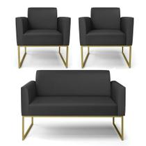 Sofá Namoradeira Com 2 Poltronas Base Industrial Dourado Marisa material sintético D03 - D'rossi Cor Preto