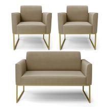 Sofá Namoradeira com 2 Poltronas Base Industrial Dourado Marisa Suede Marrom Rato Sofá Namoradeira com 2 Poltronas Base Industrial Dourado Marisa Suede Marrom Rato